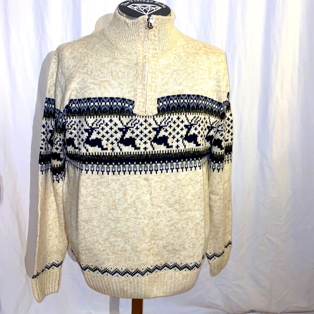 NWT Men’s Jacquard Half Zip Sweater Pullover Reindeer Theme XXL